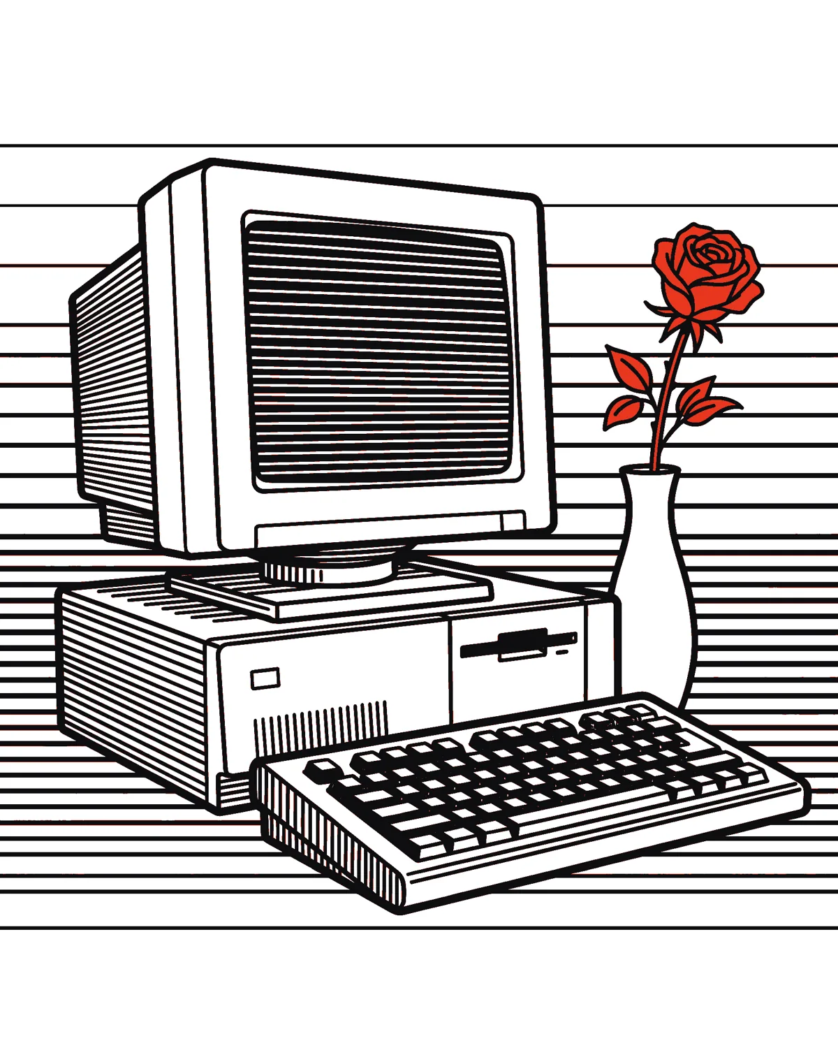 A 1980s desk computer with a red rose in a vase beside it