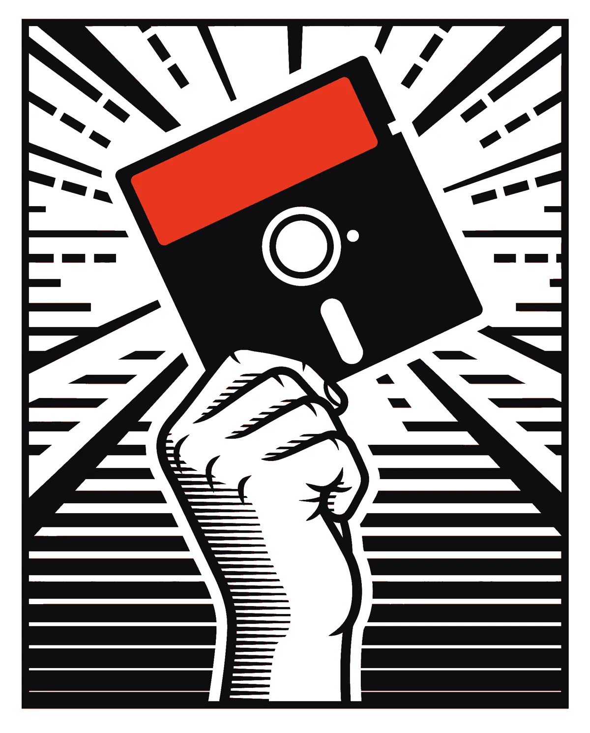 A hand raising a floppy disk