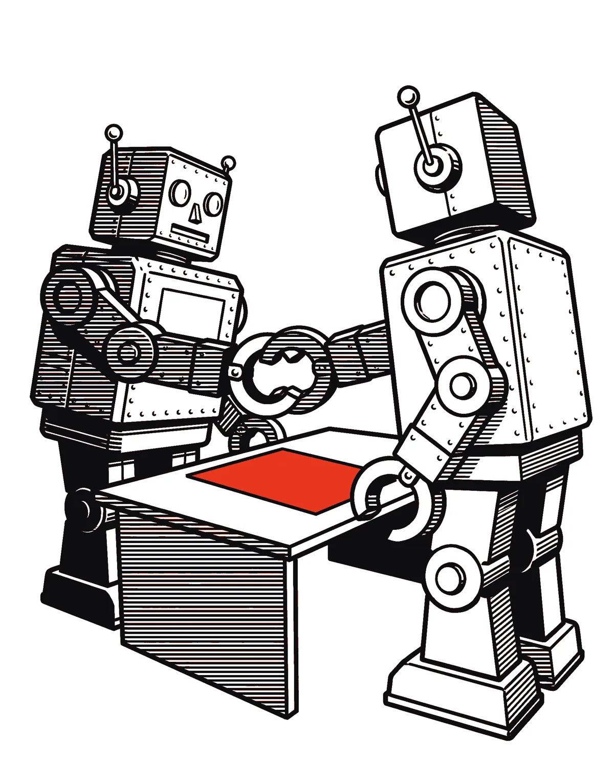 Two robots shaking hands over a red document