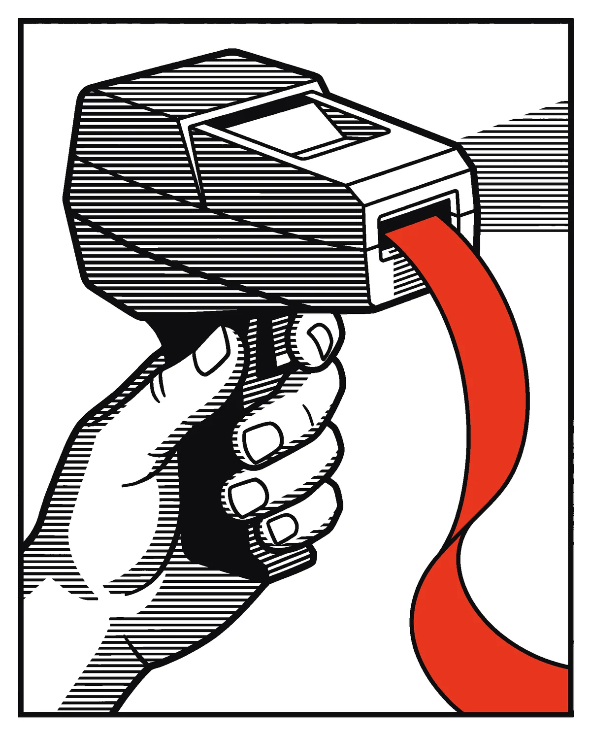 A hand holding a label maker that prints a long red label