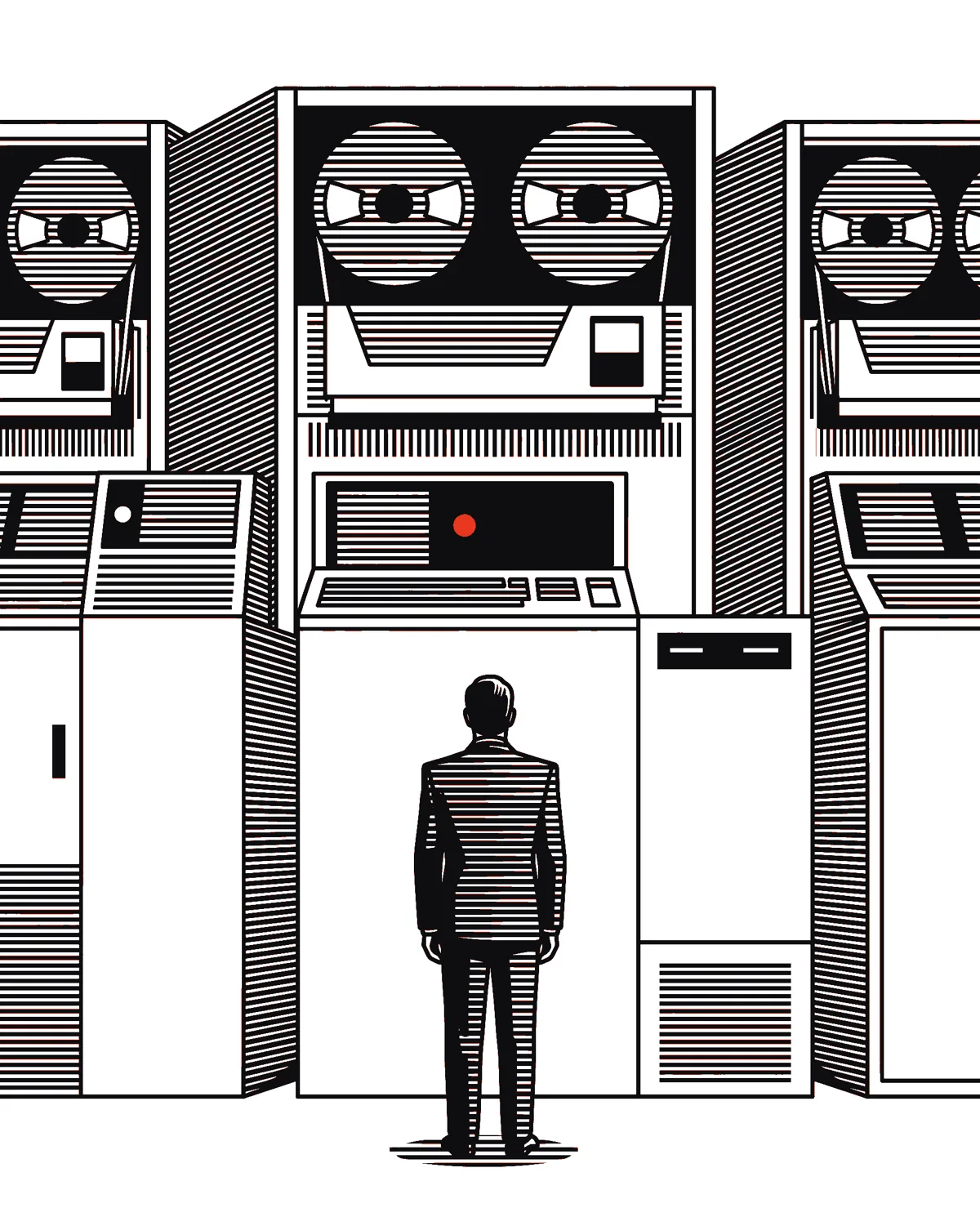 A person in a suit facing a wall of mainframe computers