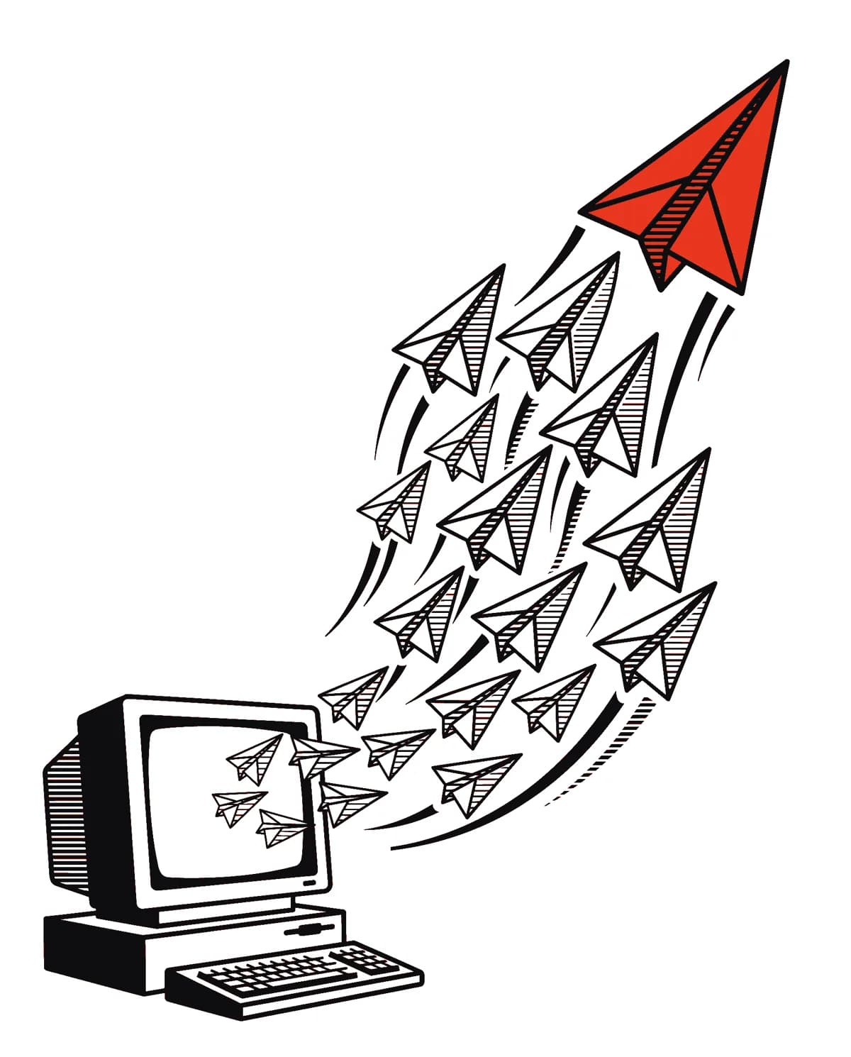 Paper planes made of envelopes flying out of a computer screen