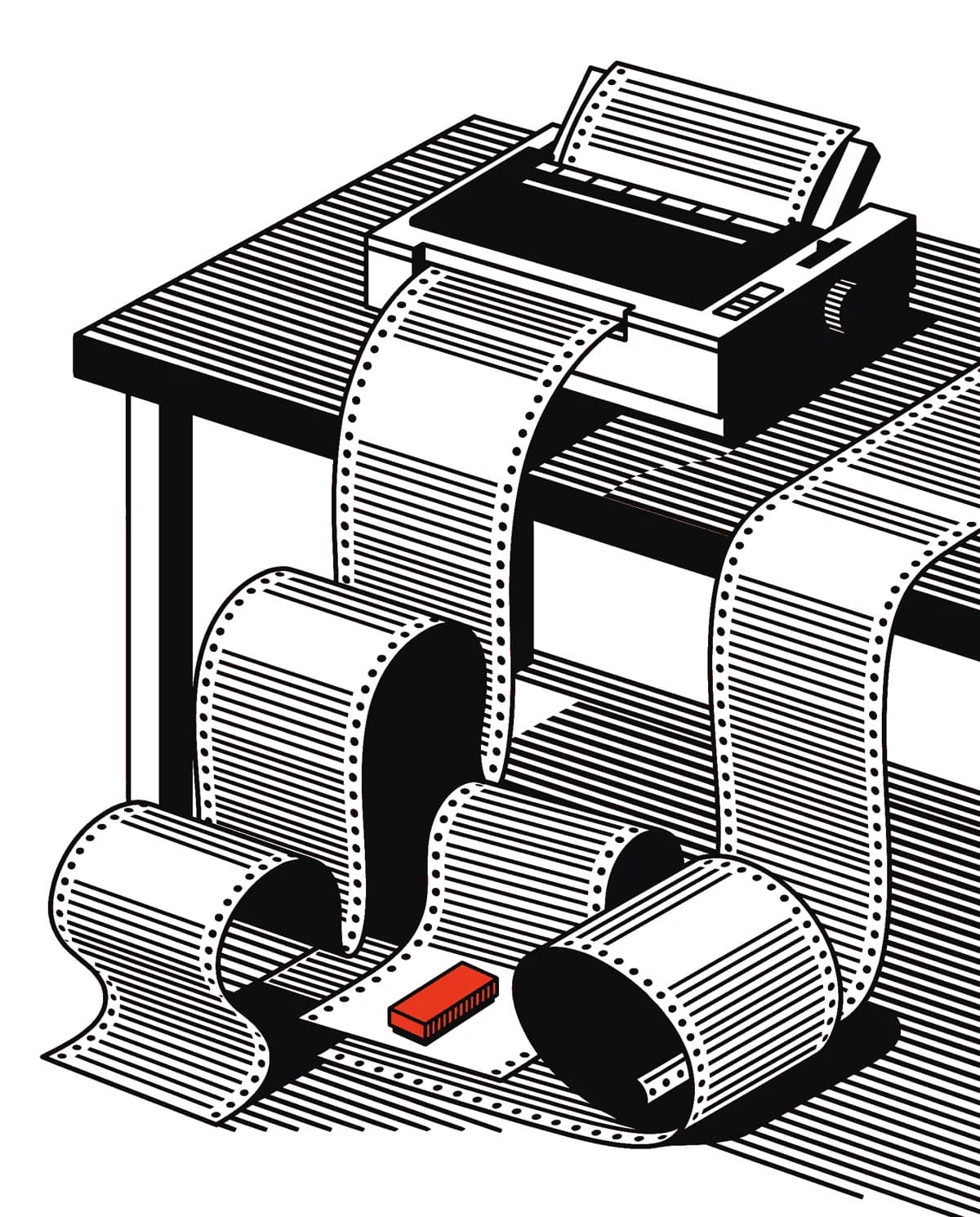 A dot-matrix printer printing a long receipt across the floor