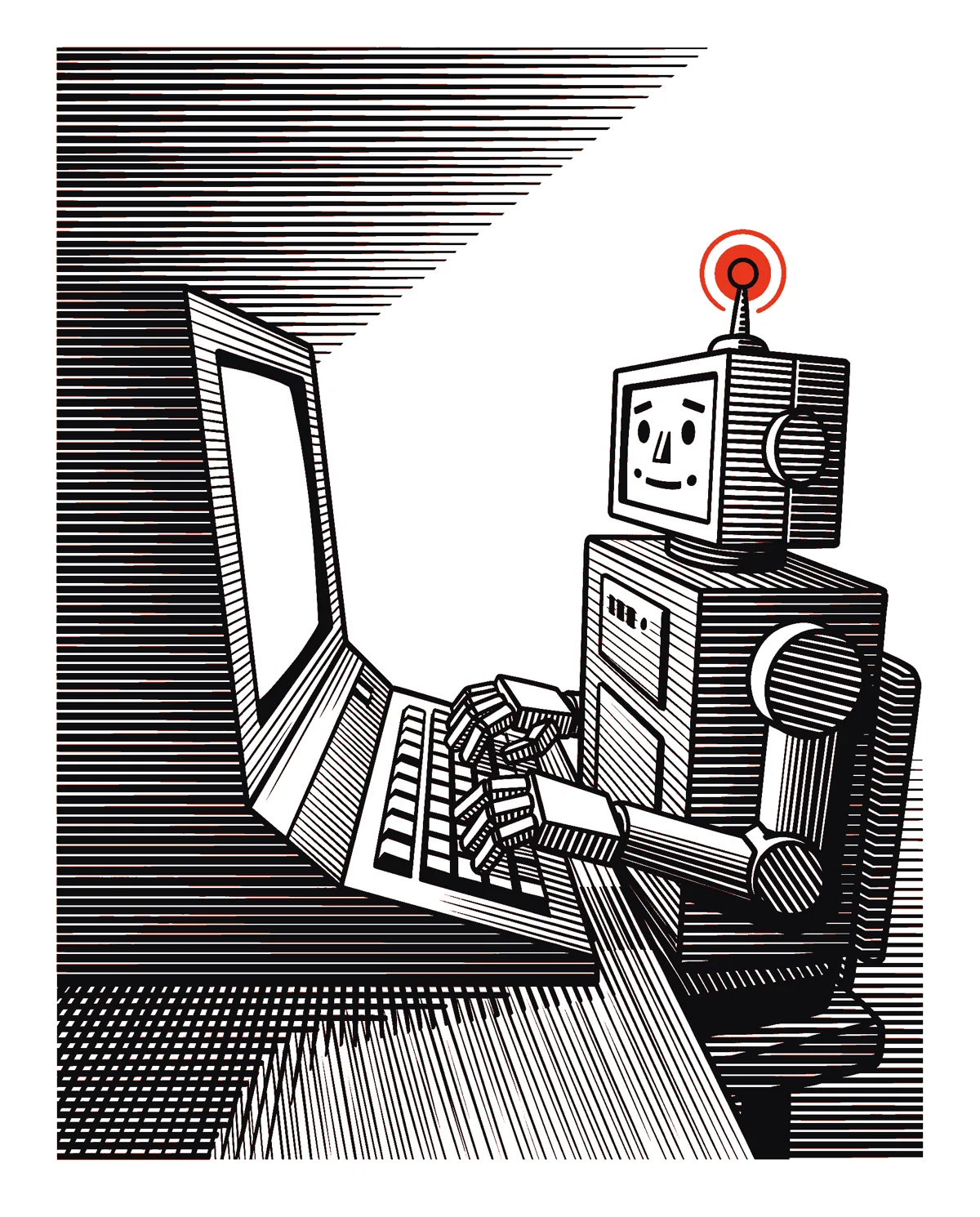 A robot typing at a laptop