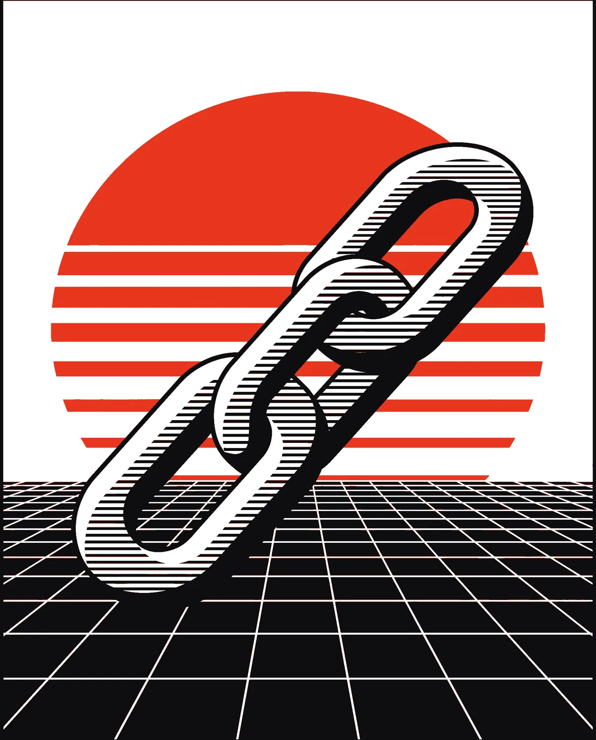 Two chain links in front of a striped red sun